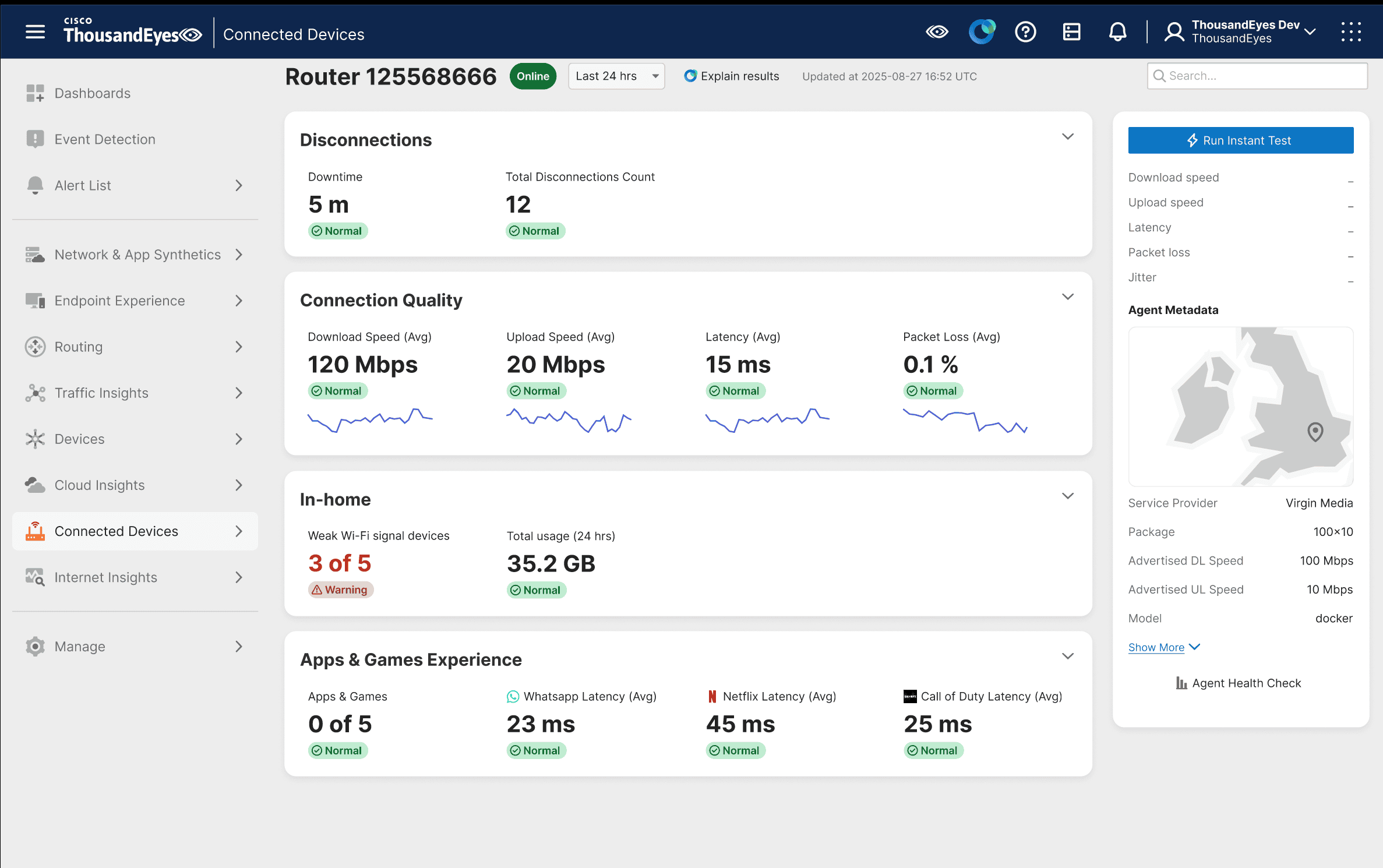 Screenshot of ThousandEyes Connected Devices showing in-home device detection and performance monitoring