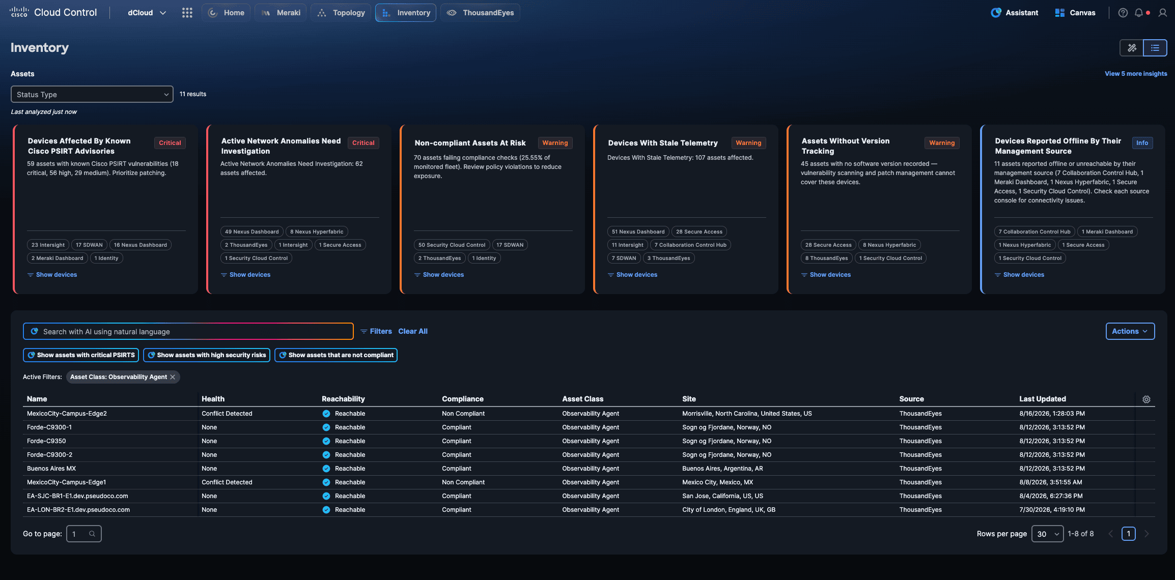 ThousandEyes Enterprise Agents appear within Cisco Cloud Control Inventory, helping teams understand where assurance capabilities are deployed across their environment. 