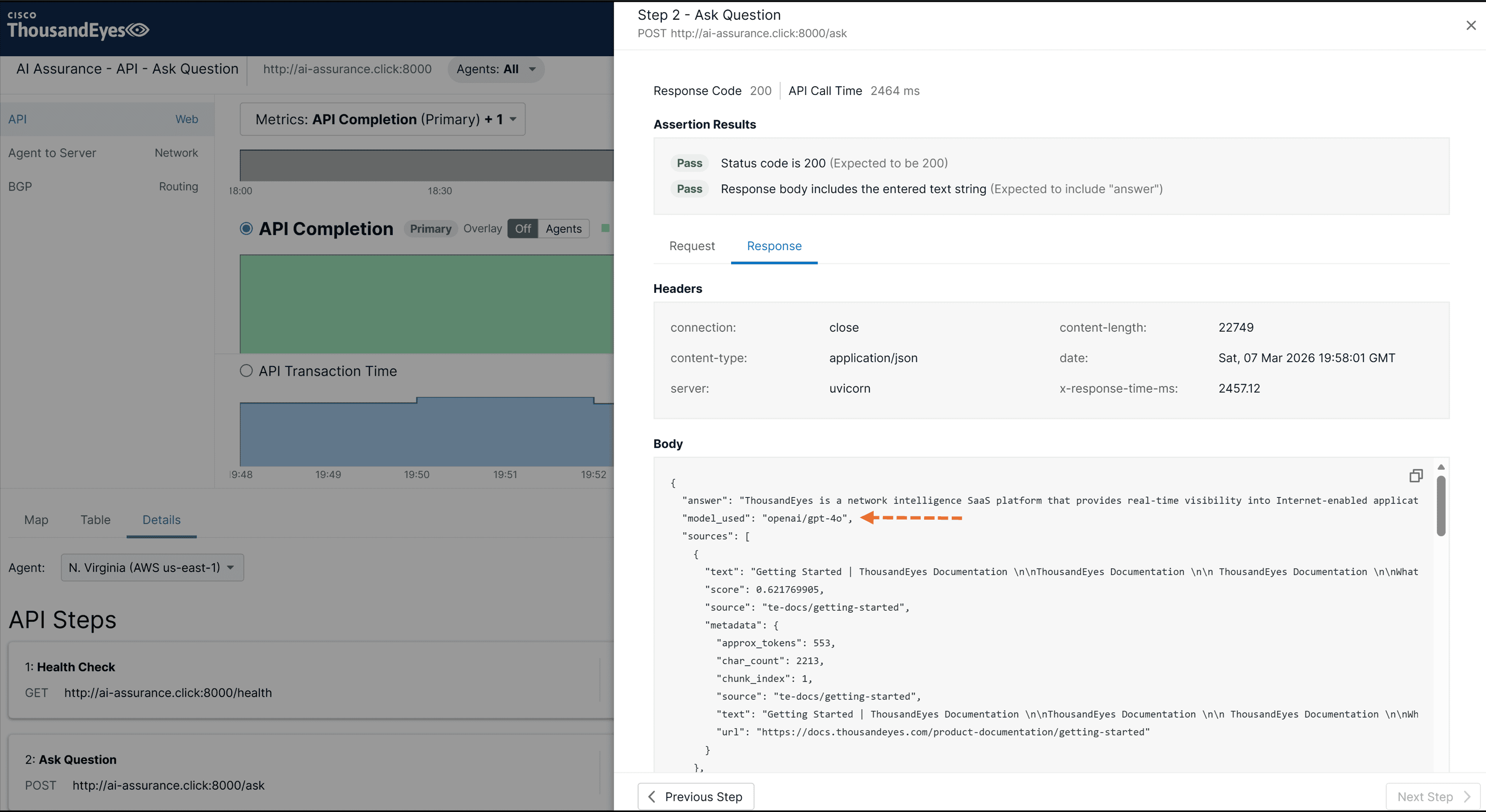 Visual of ThousandEyes API test along with the collected response body showing LLM change