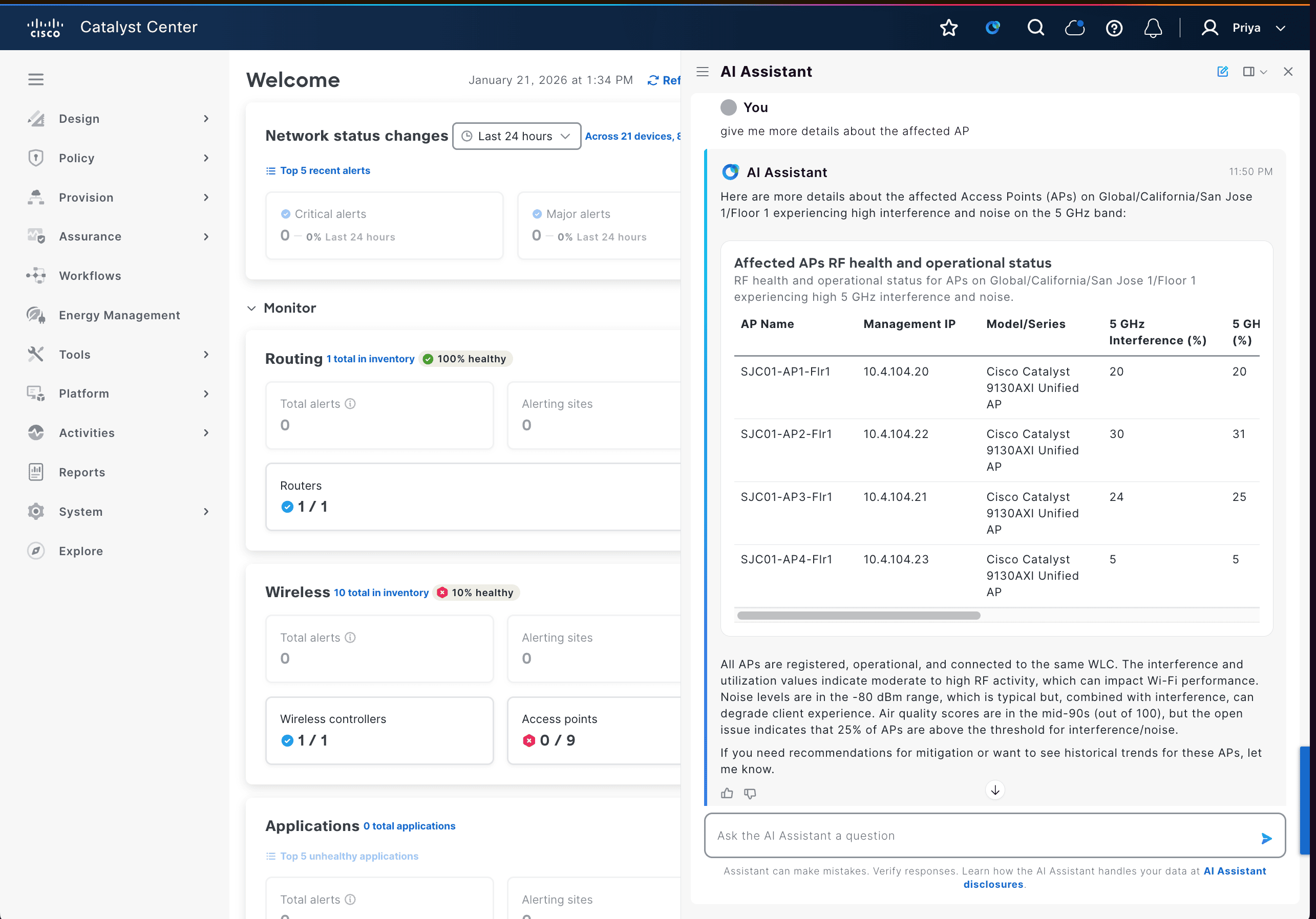 Screenshot of Cisco AI Assistant in Catalyst Center