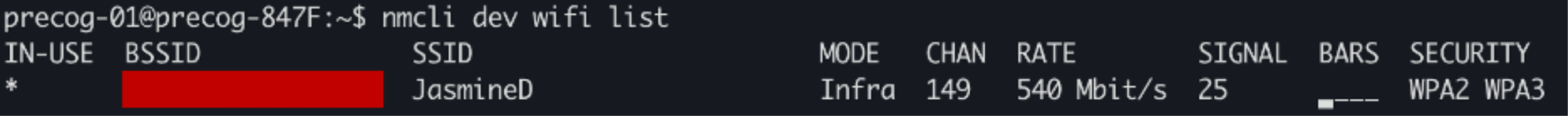 Wireless network metrics taken from our Orange Pi in JasmineD. Notice the 25% received signal strength.
