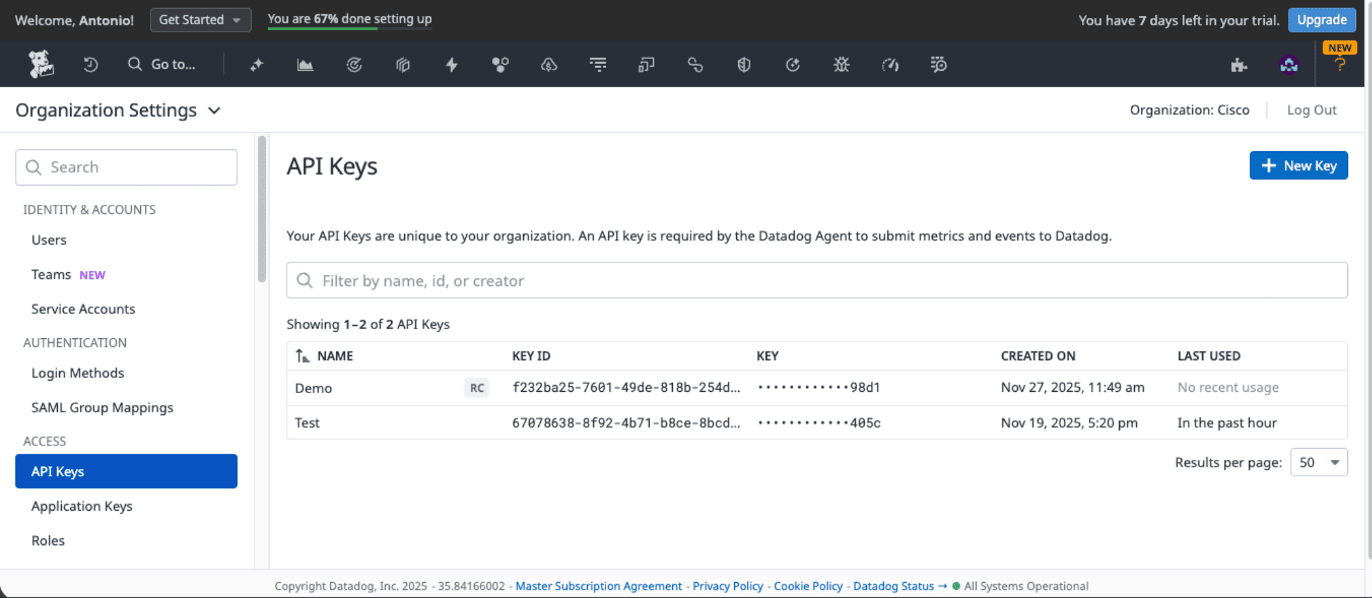 Creating API keys in Datadog