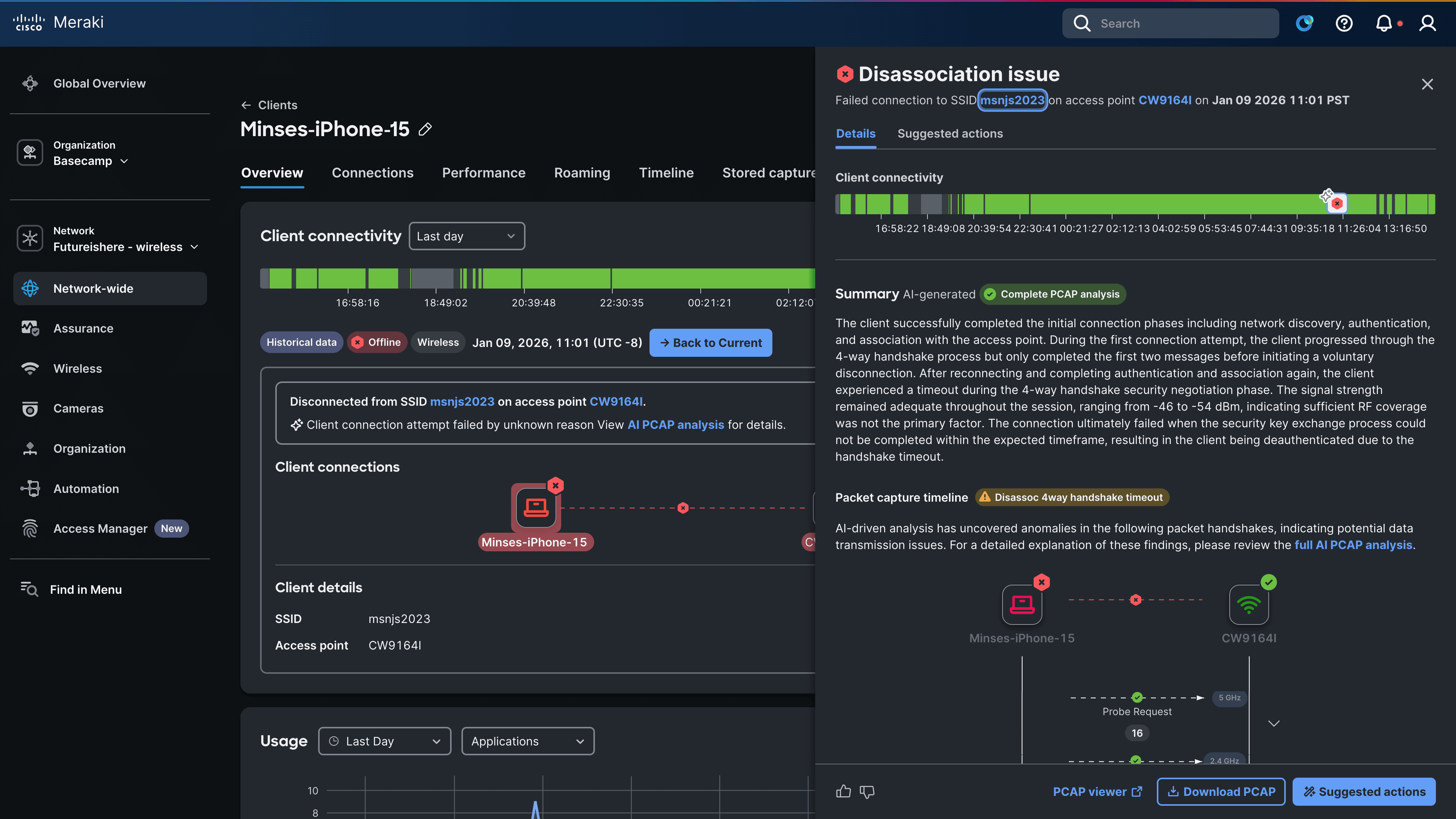 &ldquo;Screenshot of AI Packet Analyzer in the Meraki Dashboard