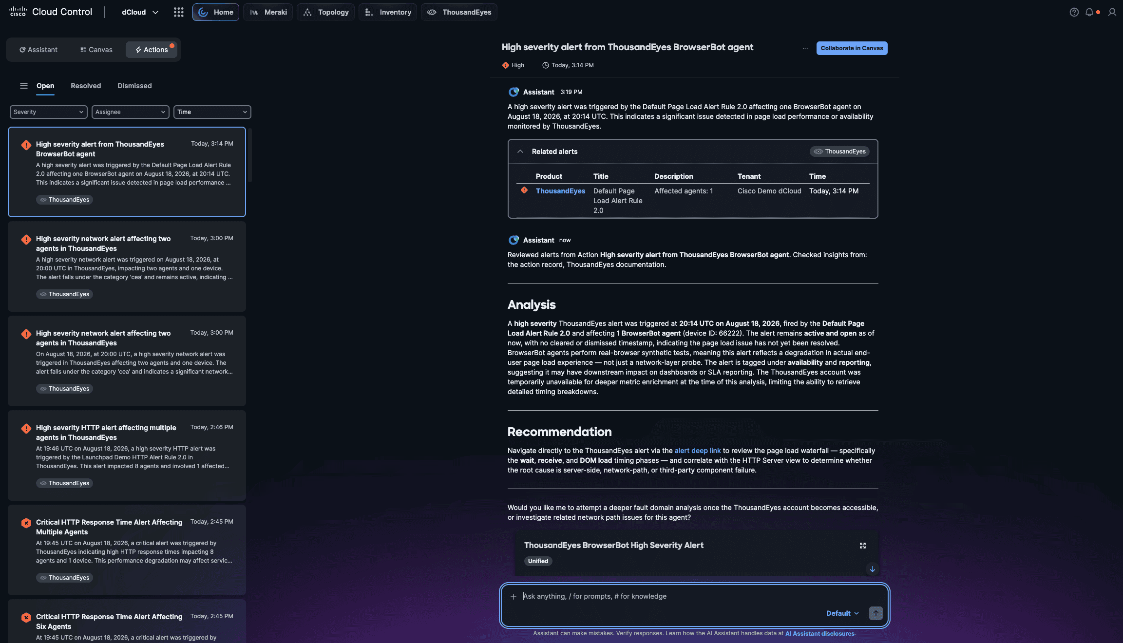 Supported ThousandEyes Enterprise Agent alerts are surfaced through Cisco Cloud Control Actions, bringing assurance signals closer to the operational workflow. 
