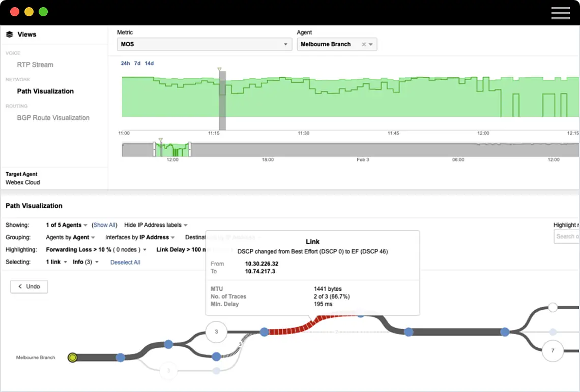 Cisco ThousandEyes 和 Webex® 珠联璧合，将双向可视性和网络监控功能引入 Webex 环境