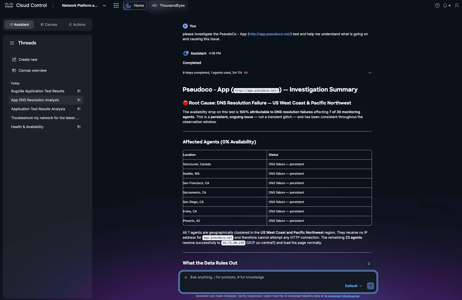 Cisco AI Assistant gives operators a natural-language entry point for investigations using supported intelligence from ThousandEyes and other Cisco domains. 
