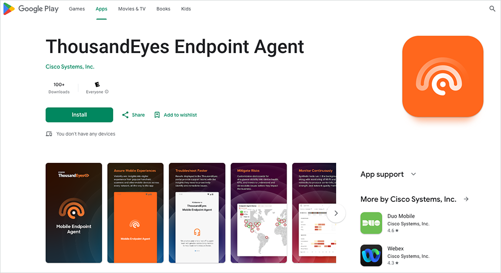 Screenshot of the ThousandEyes Mobile Endpoint Agent available in the Google Play store.