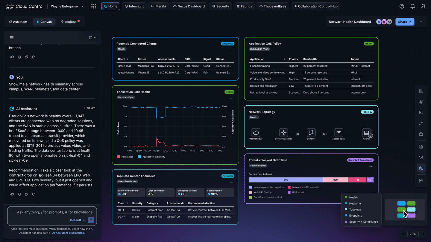 Figure 2. The unified AI Assistant helps NetOps teams use natural language to investigate operational questions and surface relevant assurance intelligence in context. The unified AI Assistant helps NetOps teams use natural language to investigate operational questions and surface relevant assurance intelligence in context.