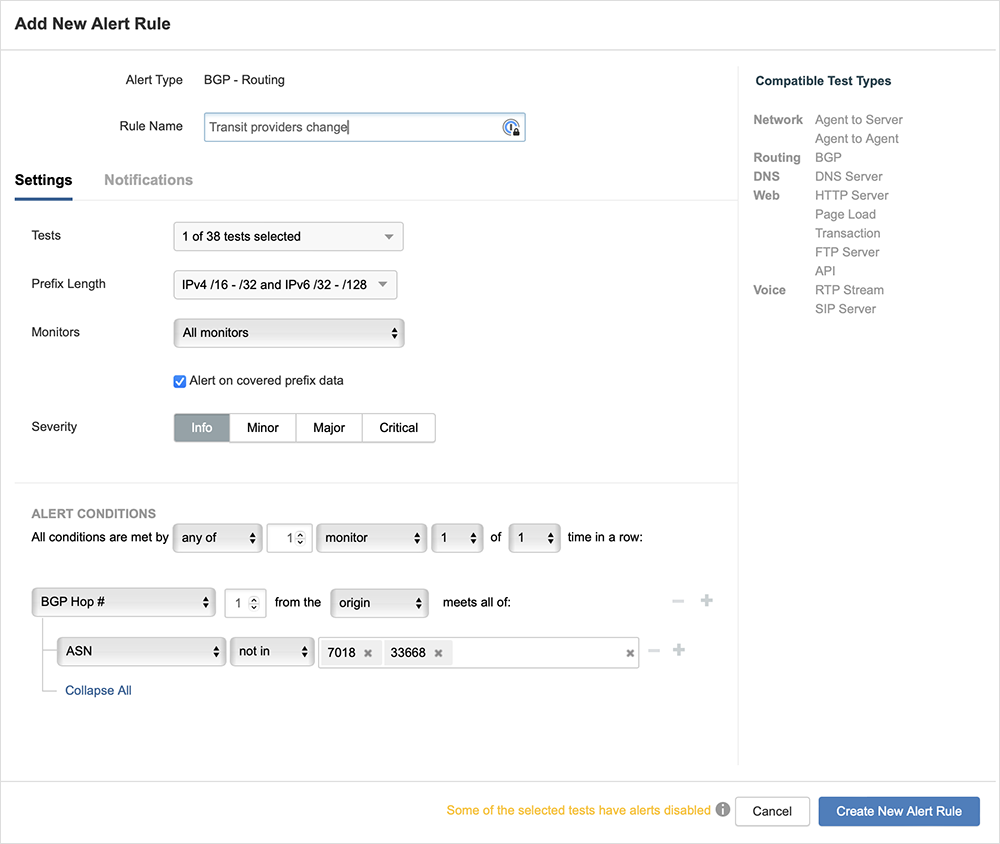 Screenshot creating an alert rule to alert on upstream provider changes