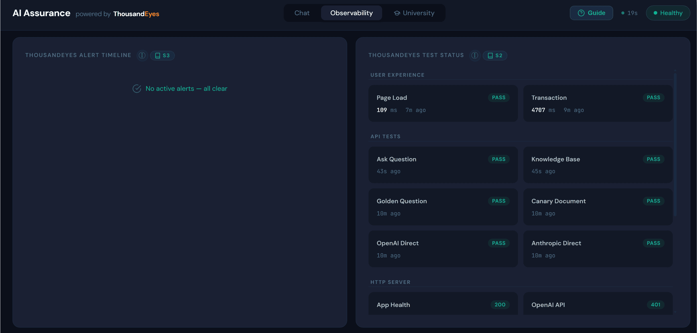 ThousandEyes test section of customer AI Assurance Dashboard