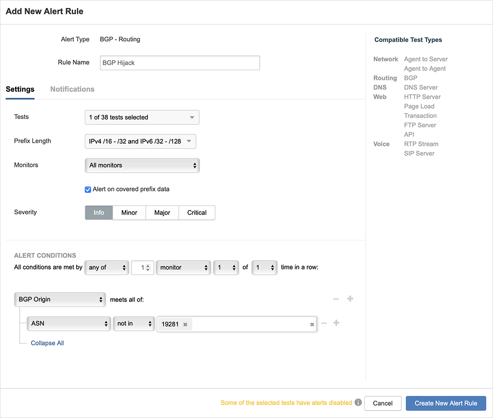 Screenshot showing how to create a BGP Hijack Alert rule in ThousandEyes