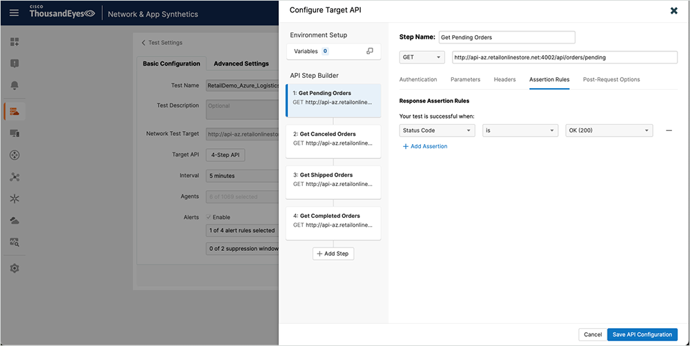 Screenshot of how to configure a target API test in the ThousandEyes platform