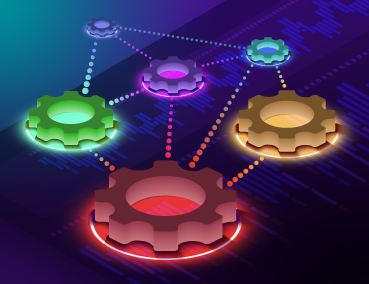 Gears connected with dotted lines symbolizing APIs