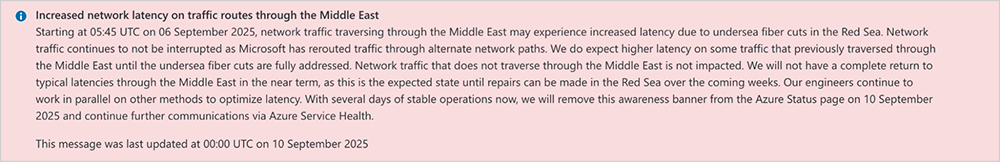 Screenshot of Microsoft’s statement about the disruption, posted on the Azure status page