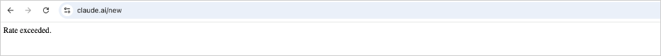 Screenshot showing visitors to claude.ai/new received a “rate exceeded” error message