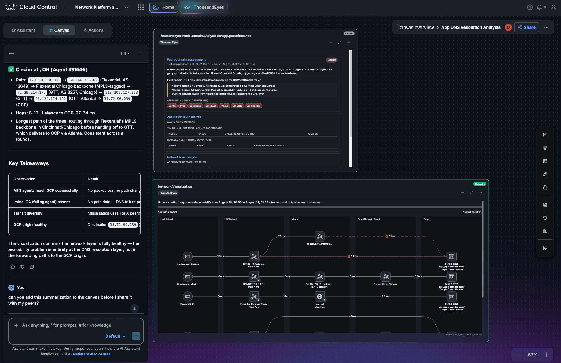AI Canvas can bring ThousandEyes path intelligence into a broader cross-domain investigation, helping operators isolate where application delivery is degrading. 